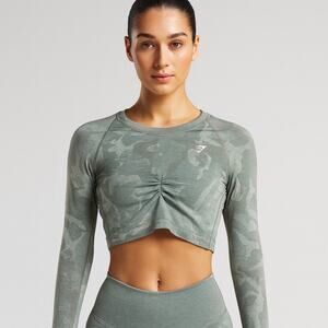 Gymshark Women’s Camo Ruched Long Sleeve Crop Top w/ Thumbholes Size Large